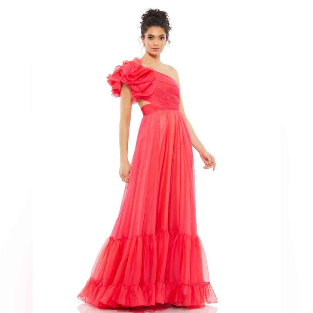 NWT $398 MAC DUGGAL ONE SHOULDER CHIFFON GOWN DRESS RUFFLE MAXI HOT PINK A67941
